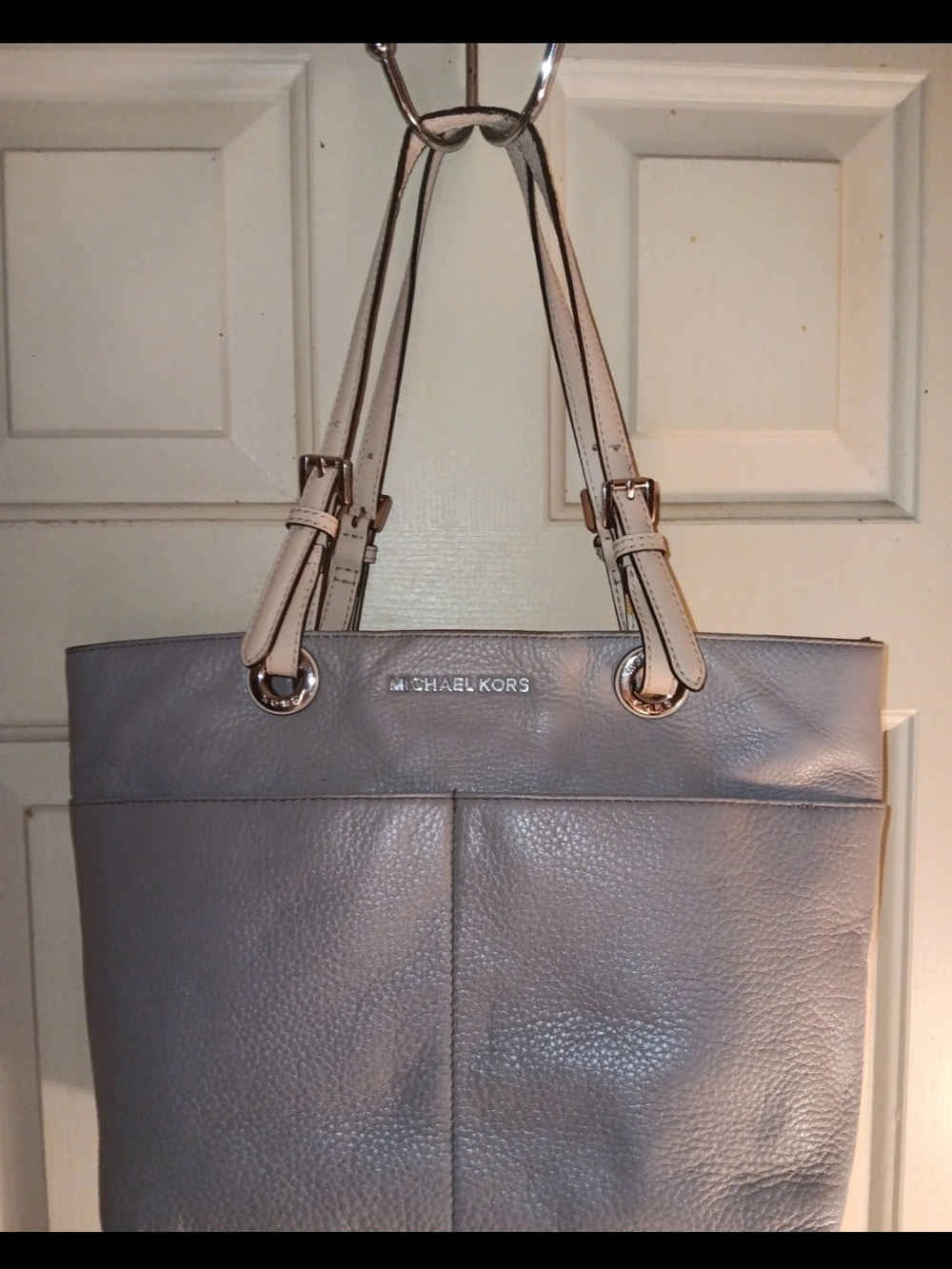 Michael Kors Grey Leather Tote Bag with Cream Straps